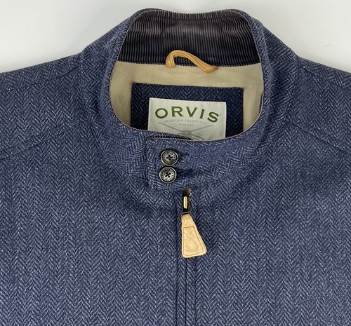 Orvis Mens 2XL Navy Blue Herringbone Wool Hunting Shooting Full Zip Lined Jacket - Picture 3 of 8