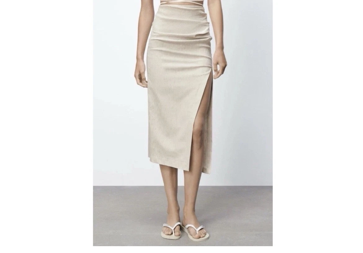 Zara Beige Linen Blend Ruched Side Slit Midi Skirt Large High Waisted Draped New