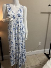 White Dress With Blue Floral Design Medium Size Sleeveless