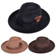 Mens Women Classic Fedora Hats Short Brim Feather Dressy Hat Panama Dress Hat