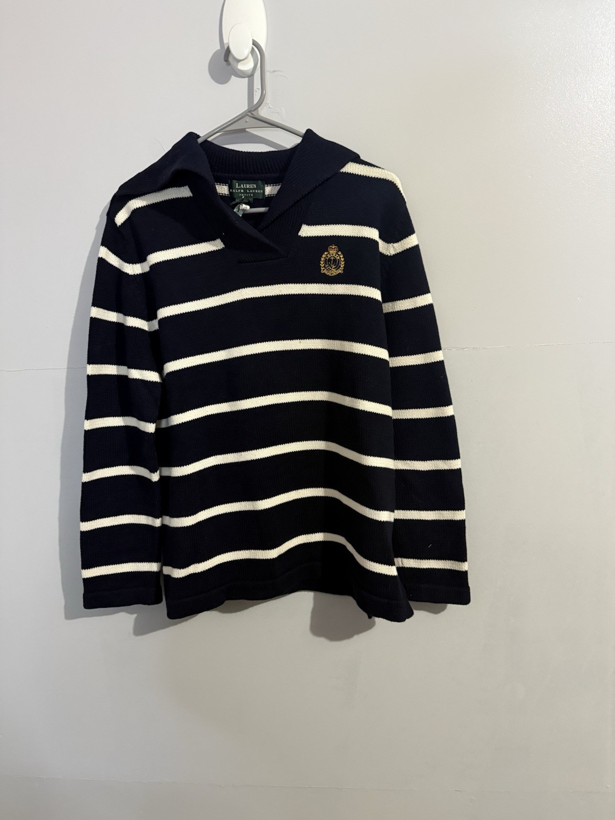 Lauren Ralph Lauren Sweater Womens PM Navy White Breton Striped Sailor Collar
