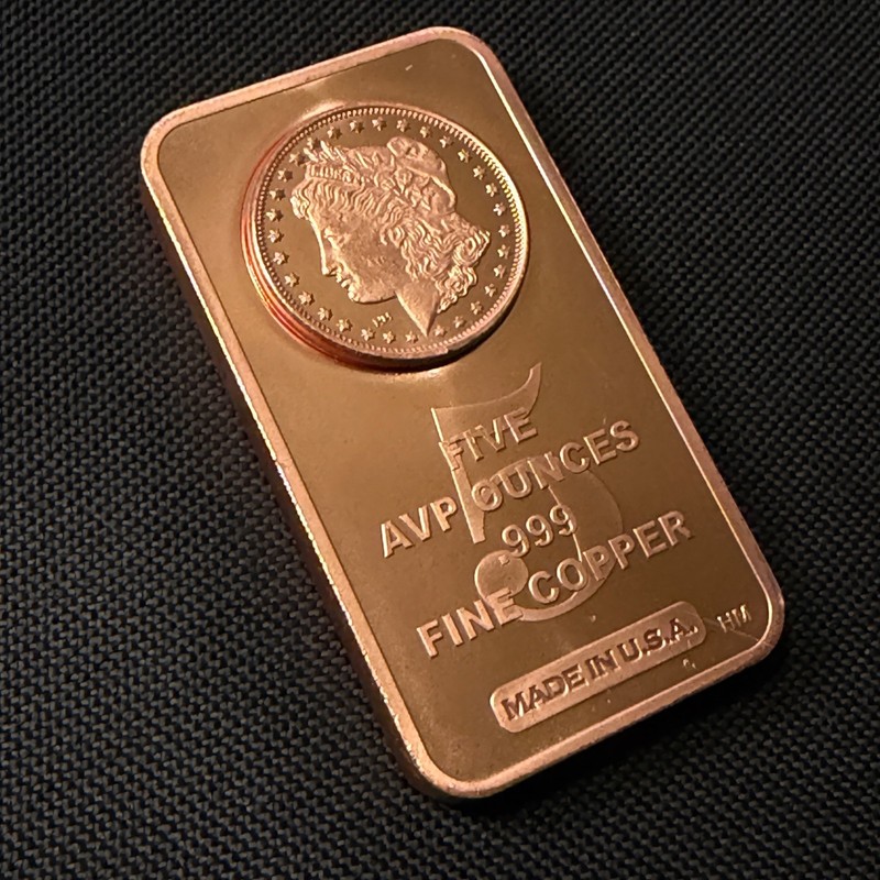 5 oz .999 Copper Bar Morgan Dollar Design Five Ounce Fine Solid USA NO RESERVE