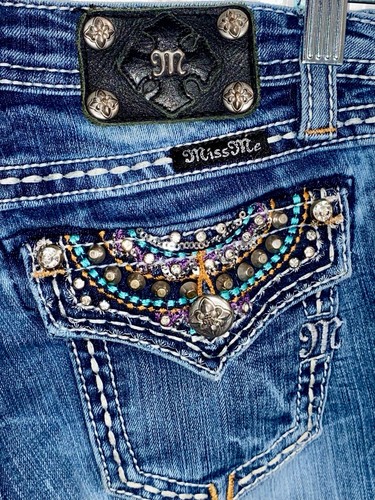 MISS ME Denim Jeans Girls 14 Rhinestone Bling Crystals Low Rise Boot Cut Blue - Picture 4 of 15