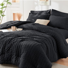 Black Queen Comforter Set Seersucker 7 Pieces, All Season Luxury Bed in a Bag fo