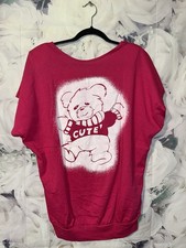 Vintage 80s Pink Teddy Bear cute graphic blouse Womens Made In USA Size XL