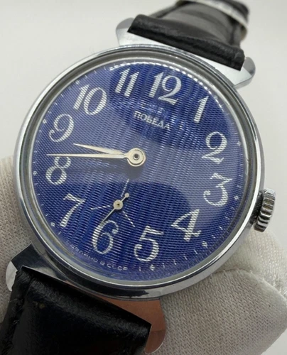 Vintage USSR Pobeda Soviet Mechanical Wrist Watch Blue Dial Sub Seconds