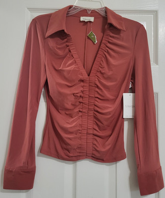 NWT Meraki Collared Vneck Blouse Rust Sz M, Gathered, Fitted