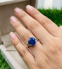Round Cut Lab Created Blue Sapphire Ring 925 Sterling Silver Engagement Ring.