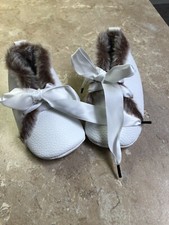Baby Moccasins 6-12 Months White with Faux Fur Lining Trim White Ties