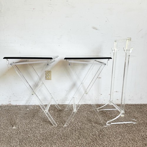 Mid Century Modern Clear and Smoked Lucite Gold Up Tray Table Set - 3 Pieces - Picture 8 of 10