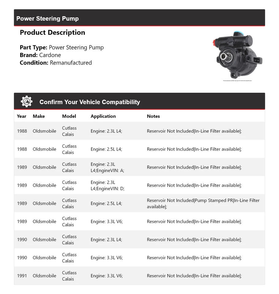 Bomba de dirección asistida Cardone 1989 1990 Oldsmobile Cutlass Calais 1988-1991 Foto 2 de 4