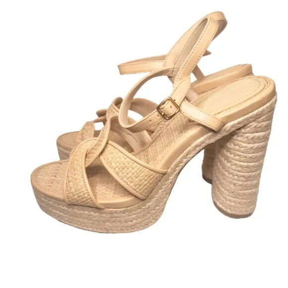 Coach Talina Chunky Platform Block Heel Espadrille Raffia Sandal Pumps Nude boho