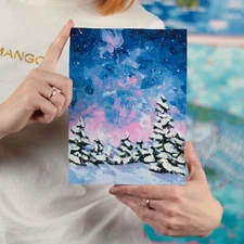 Winter Forest Night Small Oil Painting Landscape Art Original Starry Night Art