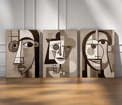 LEINWAND BILDER-SET 3-TEILIG PICASSO GESICHTER ABSTRAKTES WANDBILD BRAUN SEPIA