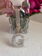 Rhinestone Initial Letter G Keychain Shiny Gold-Tone Bag Charm