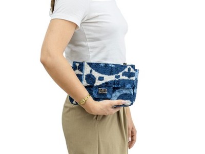 Handmade Indigo Ikat Silk Velvet Clutch   Ivory Contrast Geometric Evening Bag