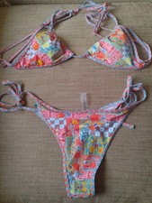 Multicolor Floral Triangle Bikini Set Adjustable Halter Straps Size S