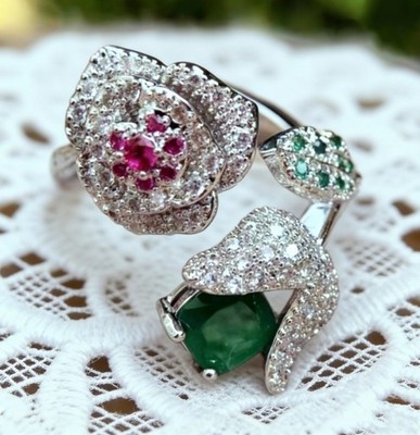 Elegant Multi Color Zircon Pave 3D Rose Silver Plated Fashion Women's Open Ring