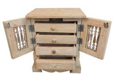 Rustic Handcrafted Wooden Jewelry Box With Intricate Carved Panels & Hinged Door