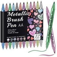 12 Pack Metallic Markers, Dual Tip Metallic Paint Pens, Water Based Acrylic M...