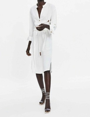 ZARA MIDI Kleid OFF WHITE DRESS WITH CORD BELT Gr. M