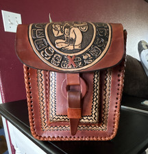 Brown Tooled Embossed Mayan Aztec Geometric Crossbody Bag, Buckle, Med