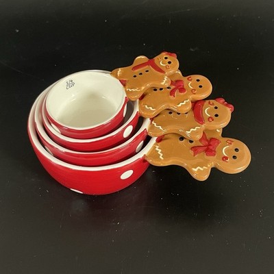 Sleigh Bell Bistro Gingerbread Men Ceramic Measuring Cups with Polka Dots