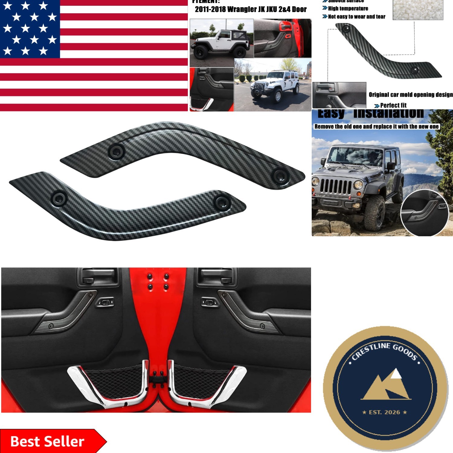 Durable Interior Door Grab Handle Covers for Wrangler JK JKU 2011-2018 - Black