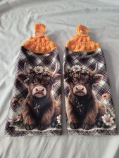 Handmade Chrochet hanging Kitchen Towel set of 2 Highland Cow Flowers Plaid