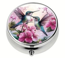 PILL BOX POT METAL ROUND TWO HUMMINGBIRDS PINK MEDICINE COLLECTABLE UK SELLER