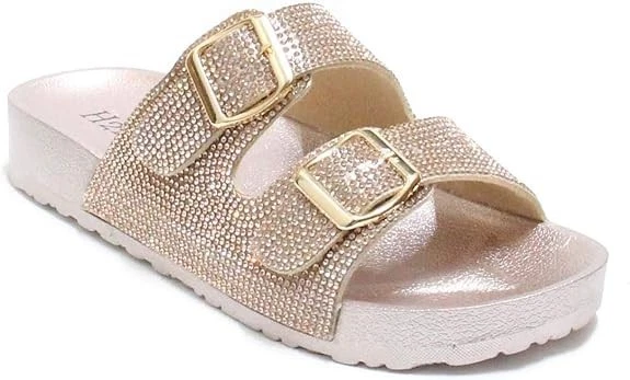 H2K Women's Glitter Double Buckle Adjustable Slide Sandals, 7, 8, 9, 10, 11