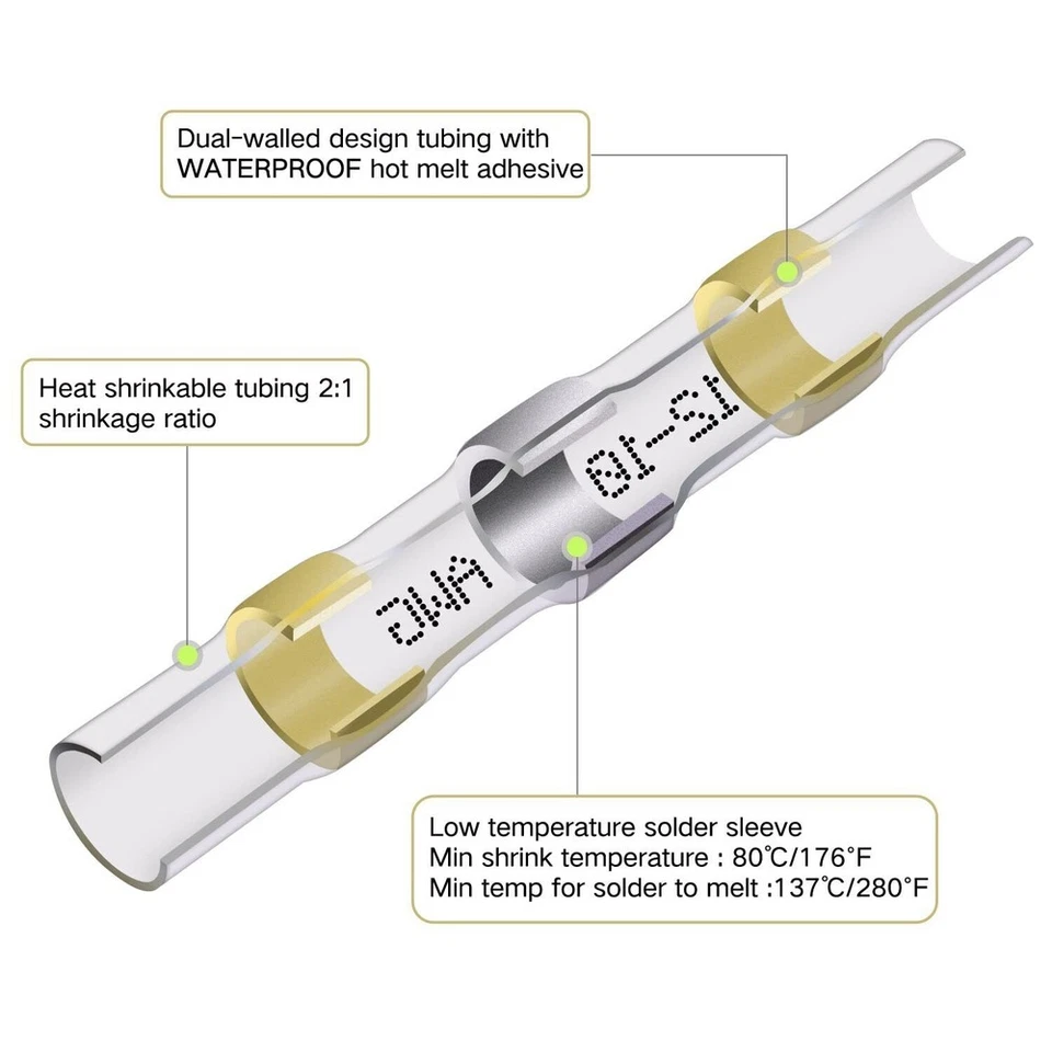 200X Solder Connectors 12-10 AWG Heat Shrink Butt Wire Terminals Seal Sleeve Kit - Image 2 of 4