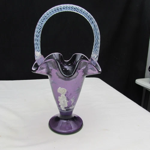 Fenton Amethyst Mary Gregory Hand Painted Basket Special Order LE W40