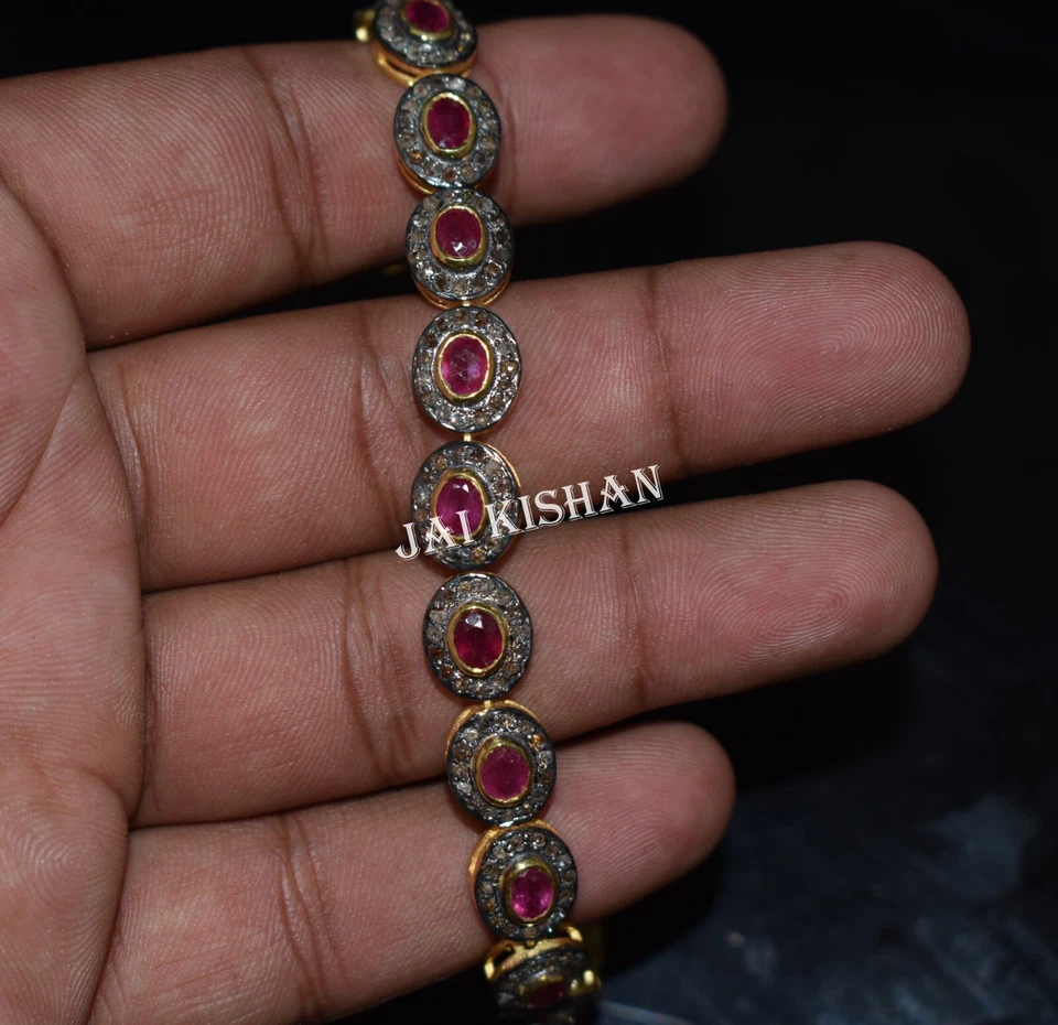 Pave Diamond Ruby Gemstone 925 Sterling Silver Statement Bracelet Jewelry - Image 4 of 4