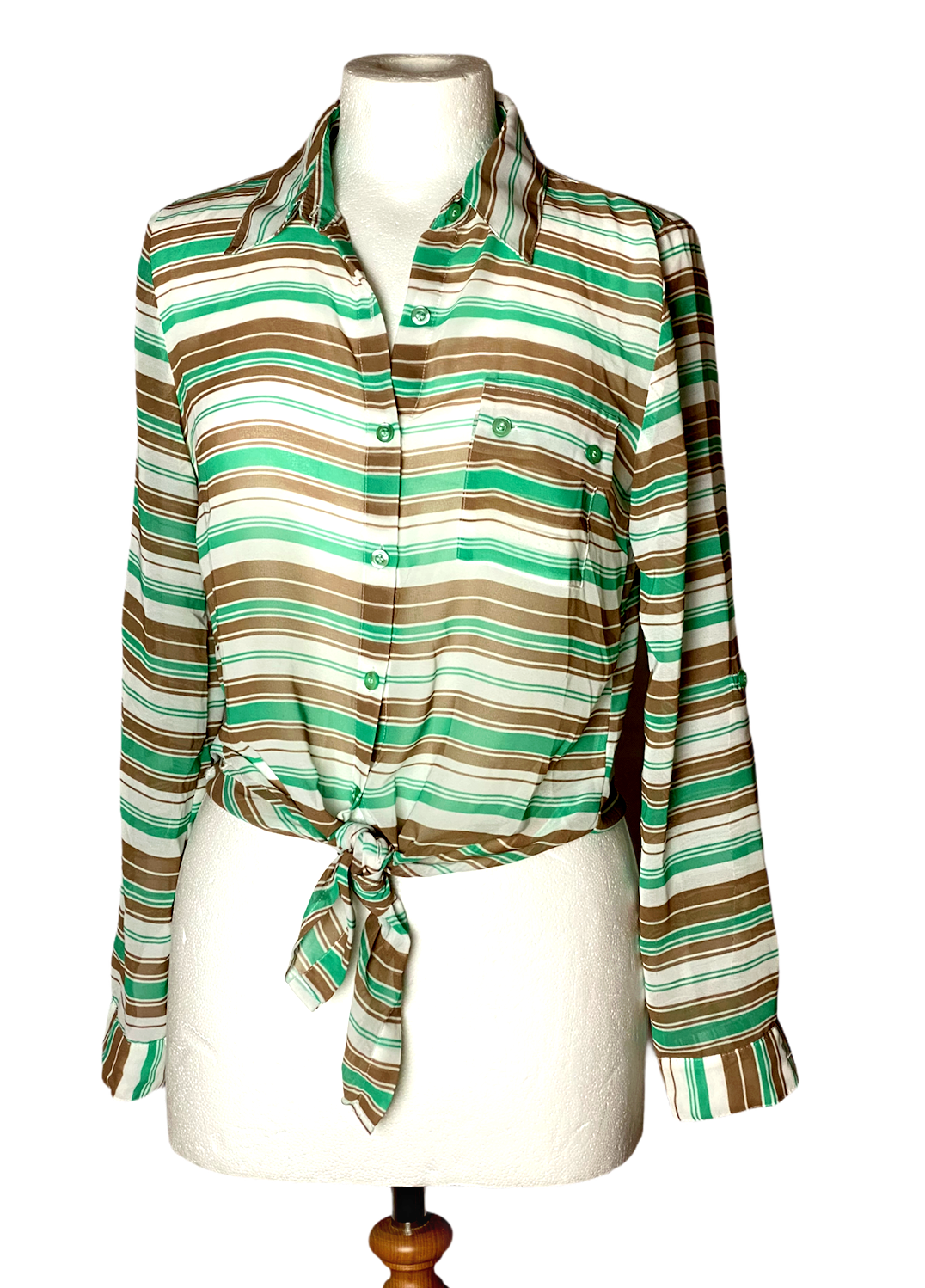 Women's Edge Blouse Striped Knotted Front Rolled Sleeves Size S