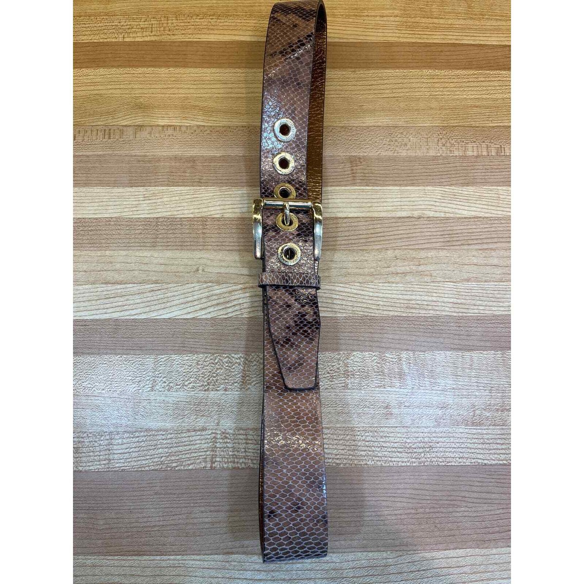 Michael Kors Brown Snake Print Leather Belt Gold Hardware  display picture 2