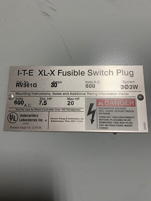 SIEMENS ITE RV RV361G 30 AMP 600V FUSIBLE FUSED BUS BUSS PLUG 