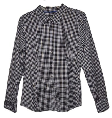 Talbots Wrinkle Resistant Shirt 12 Black White Check Fine Metallic Gold Thread