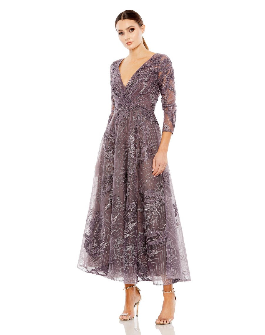 sexy flare dress Mac Duggal Women's Embellished Cape A-Line Gown - Slate Blue main image 1