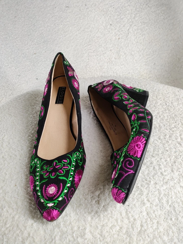 Zapatos de salón Eloquii para mujer 9W negros florales bordados sin cordones de tacón bloque Foto 4 de 4