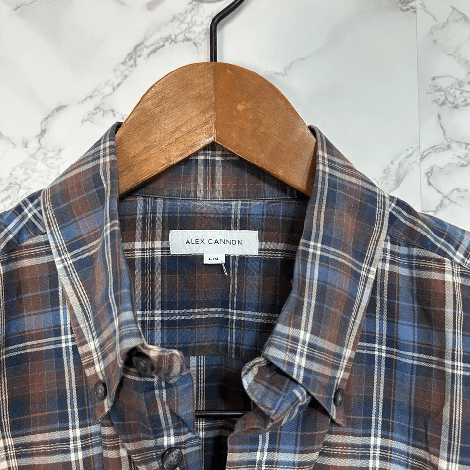 Camisa casual masculina Alex Cannon tamanho G xadrez algodão botão para baixo #F270 - Imagem 3 de 4