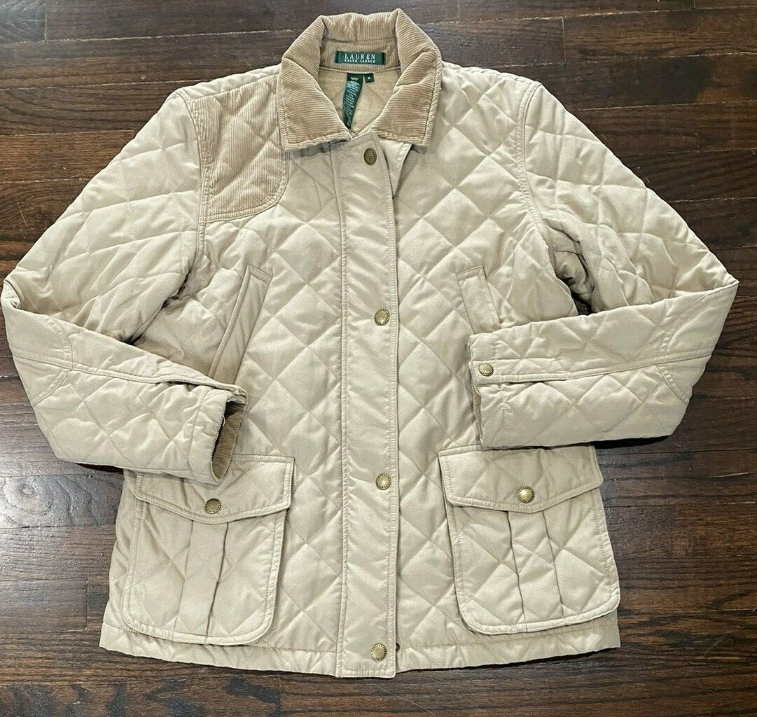 Polo Ralph Lauren Diamond Quilted Jacket Women Sz M Corduroy Neck Shoulder Tan