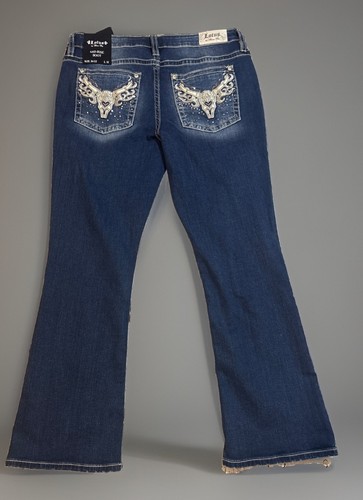 Neu mit Etikett Lotus by Miss Me dunkelblaue Bootcut-Jeans mit verzierten Taschen - Größe 36/22 - Bild 7 von 10