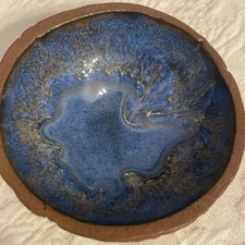Cobalt Blue & Pottery Clay 3.5” Trinket Bowl Dish Multi-Stamped Artistic Bottom