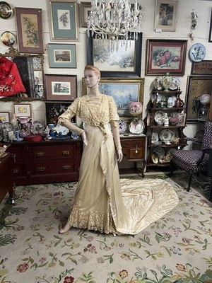 Superb 1912 Ivory Silk Wedding Gown Cathedral Train Handmade Lace Wax Blossoms 