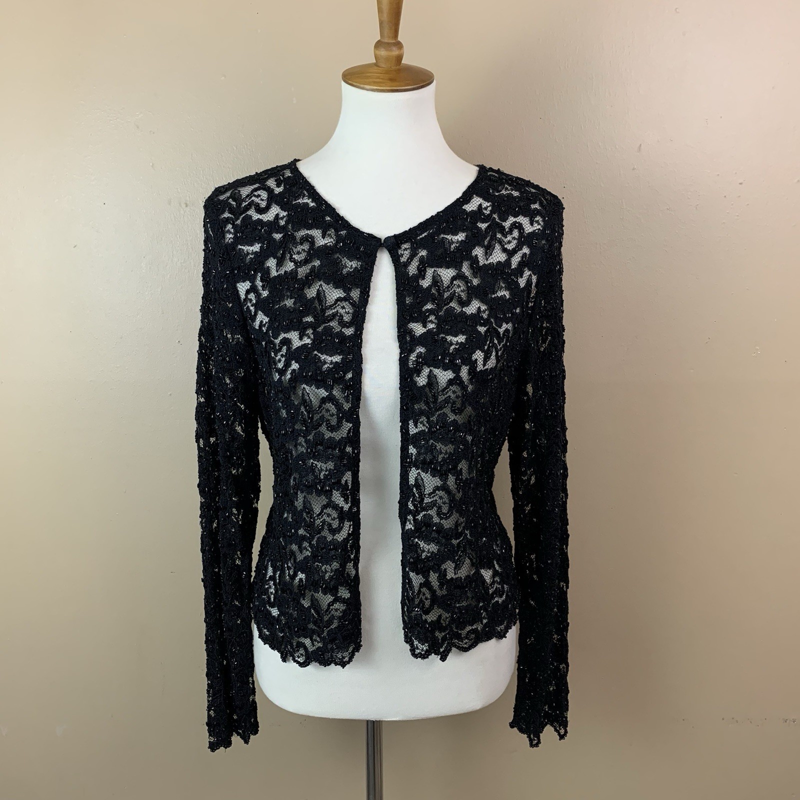 Vintage 90s Lisa Cardigan Womens M Black Lace Beaded Sheer Y2K Whimsigoth Goth