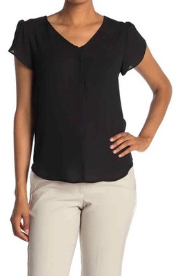 NWT Philosophy Black Blouse Top Partial Button Front Short Flutter Sleeve 2X