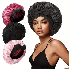 Women Satin Bonnet Night Sleep Cap Hair Hat Silk Wide Elastic Band Shower Cap