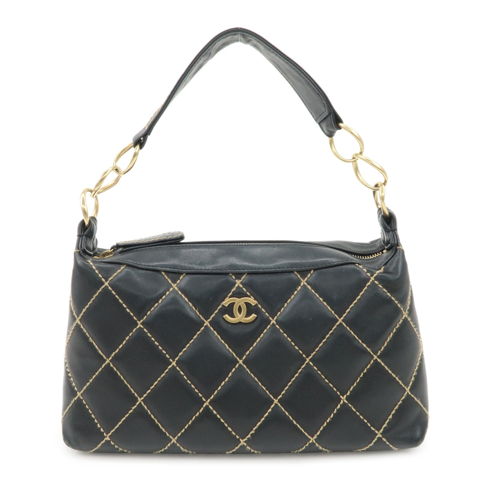 Auth CHANEL COCO Mark Wild Stitch Lamb Skin Chain Shoulder Bag Black Preowned F/S