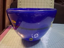 Hand Blown Art Glass Bowl Black Swirl W/ Yellow Dots Table Salad H 7 W 9 1/4